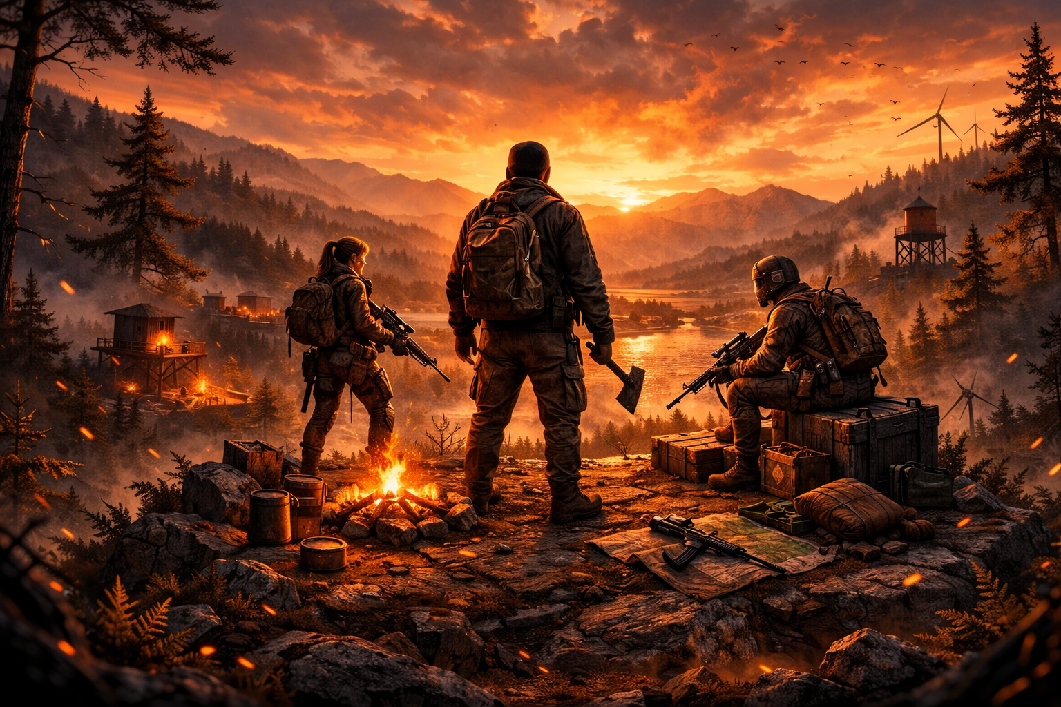 Three armed Rust players overlooking dramatic sunset scene with mountains and river